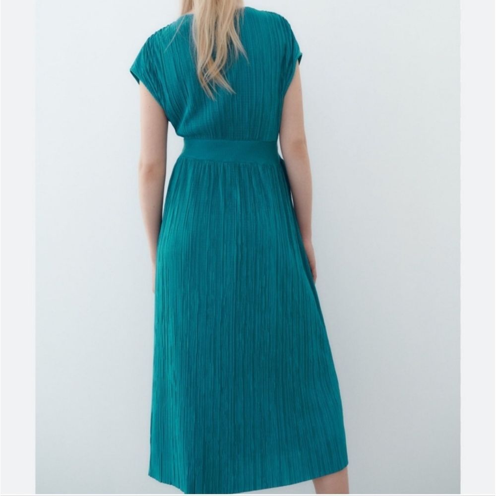 Zara Blue-green pleated midi dress with wide waistband Size S Small | eBay