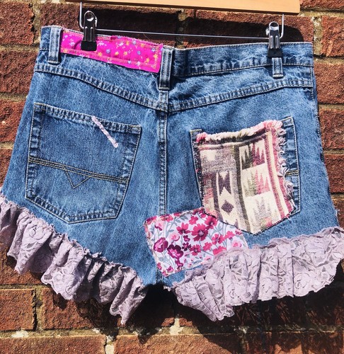 Denim Cut Off Shorts Ladies Patched Lace Kangamouse Designer S34” waist Frayed - Picture 7 of 7