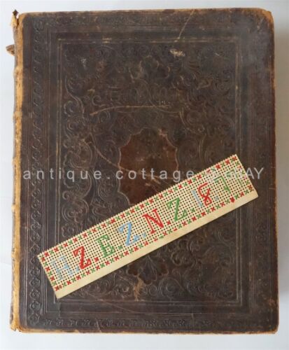 1872 antique LEATHER GERMAN BIBLE PAPER PUNCH SAMPLER BOOKMARK ZERBE shillington