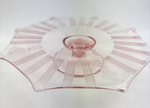 VTG Pink Depression Glass 10"w Cake Stand Floral/Stripe Etched - FREE Shipping