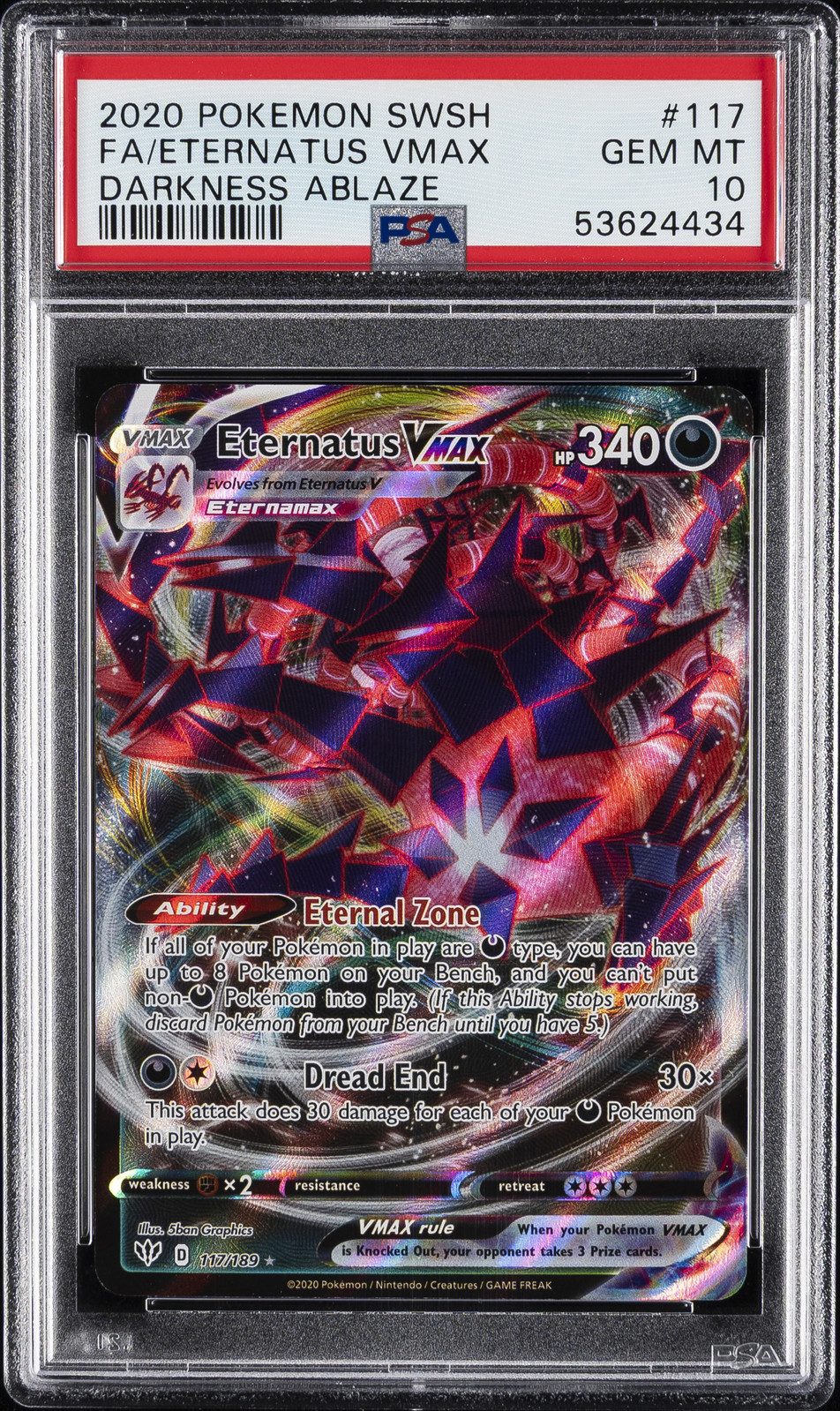 2020 POKEMON SWORD & SHIELD DARKNESS ABLAZE #117 FULL ART/ETERNATUS VMAX PSA 10