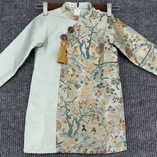 Chinese Brocade Dress Kids Cheongsam Qipao Floral Gold Green Size 3