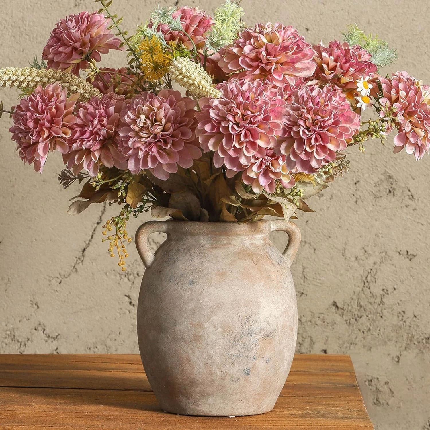 Dobbyby 7.6 inch Ceramic Flower Vase Farmhouse Rustic Whitewashed Pottery Decor