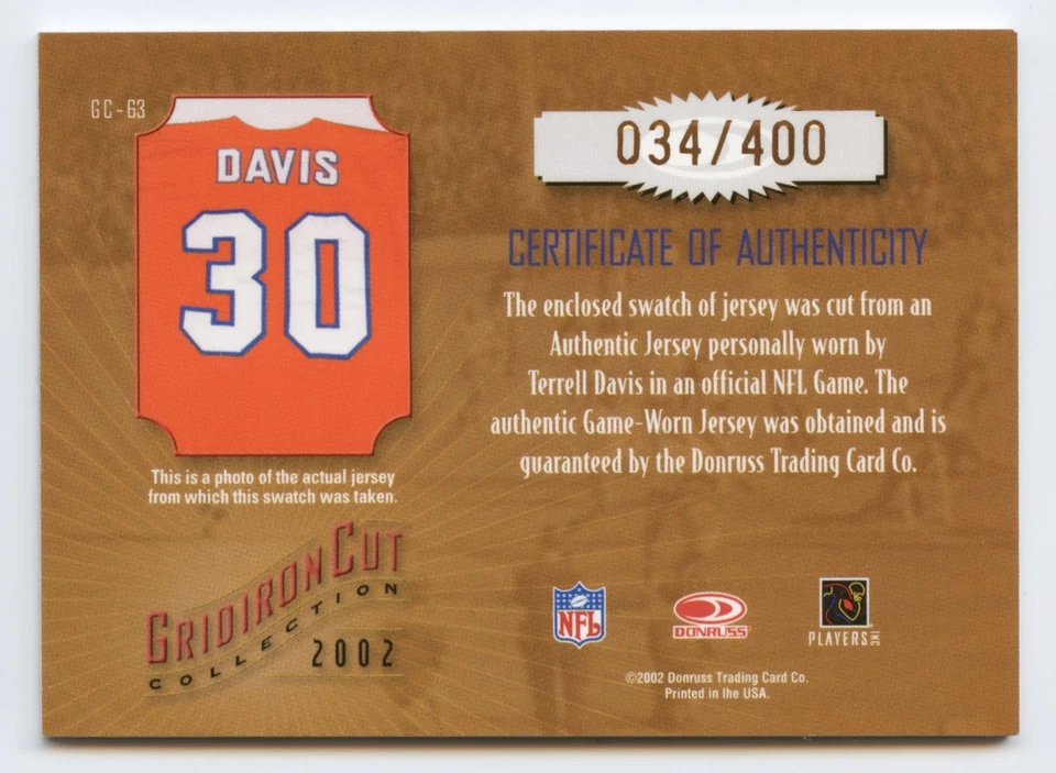 TERRELL DAVIS 2002 GRIDIRON KINGS CUT DENVER BRONCOS PATCH /400 *GAME-USED* - Image 2 of 2