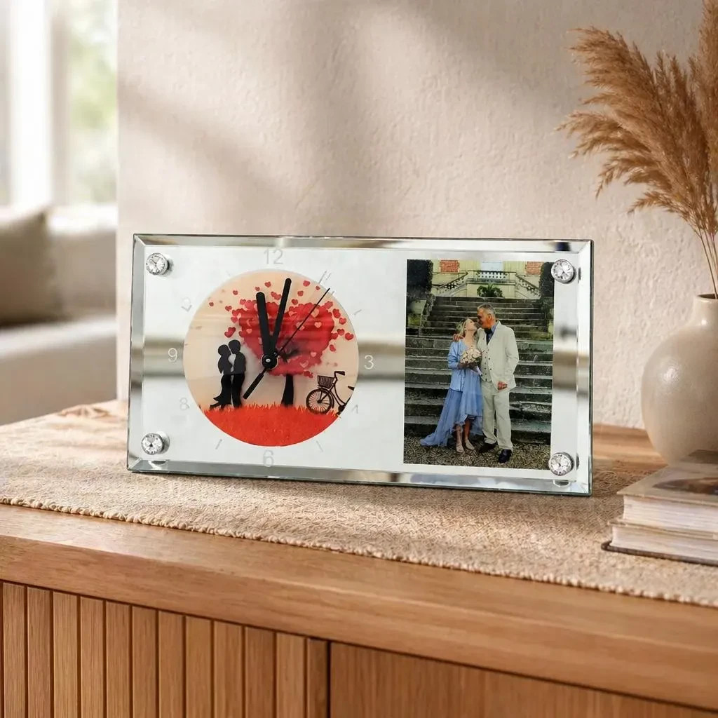 Horloge en verre miroir 30x15 cm avec 2 photos personnalisables pour décoration murale