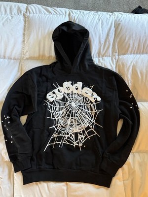 sp5der Men s Black Pullover Hoodie L Cotton Spiderweb Graphic Print Pockets