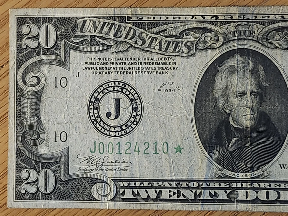 1934 $20 "STAR NOTE" KANSAS CITY DISTRICT J00124210* - Image 3 of 4