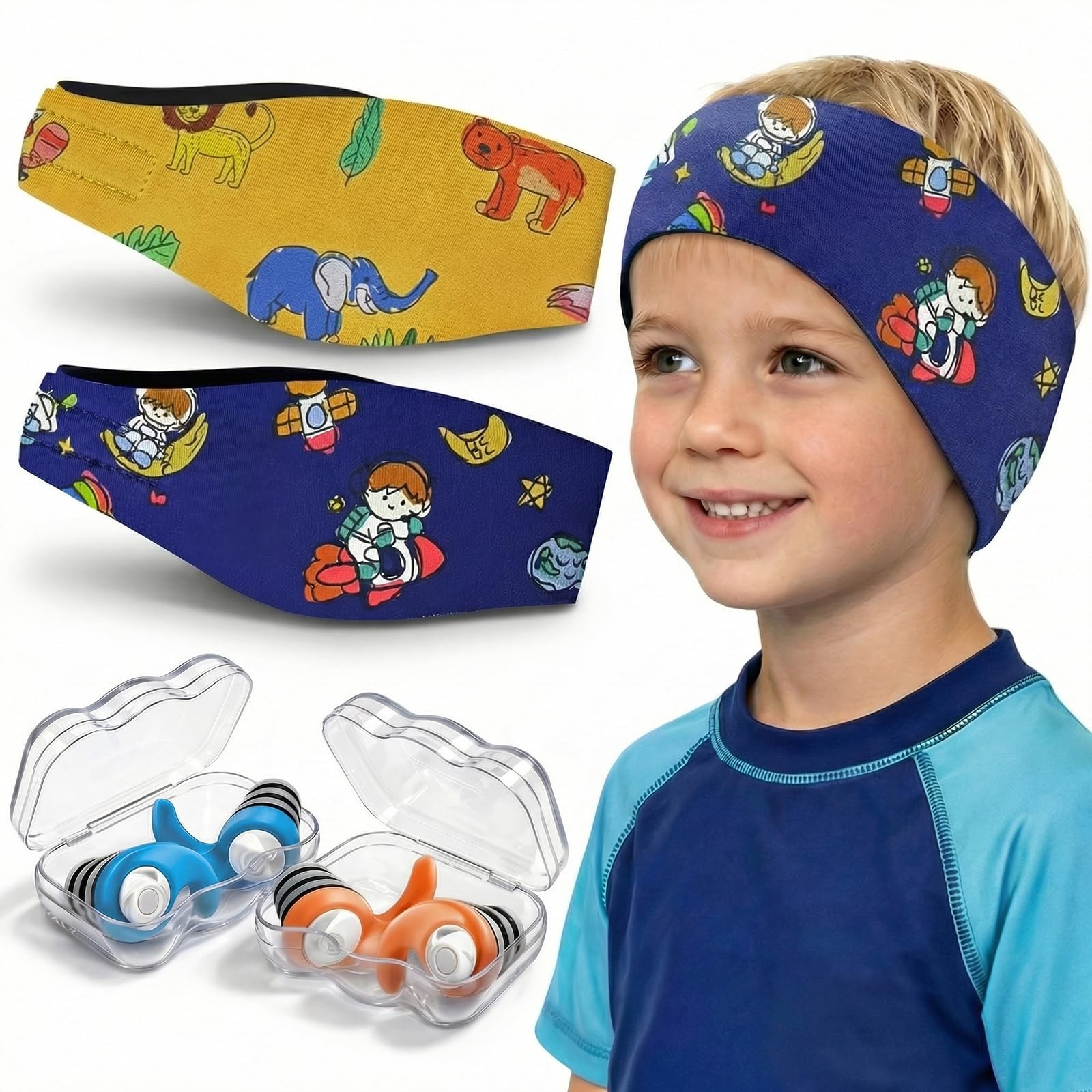 Diadema de natación para niños 2 pares de tapones impermeables para los oídos y banda ajustable