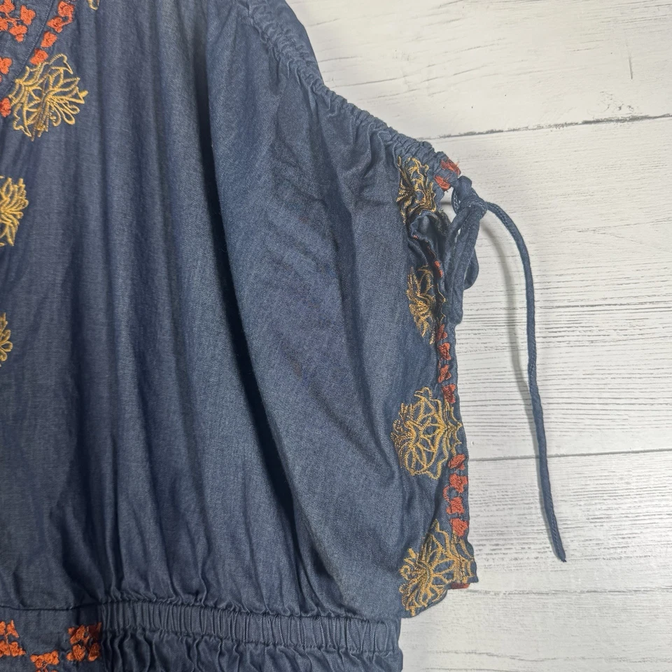 Maxi Vestido Eshakti Azul Cambray Denim Bordado Manga Cordón Talla 3X ~26W Foto 3 de 4