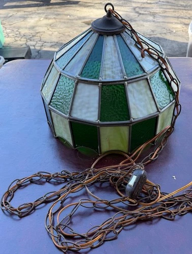 Large Vintage Tiffany Style Stained Glass Hanging Pendant Lamp 17” Green