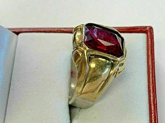 4Ct Emerald Lab Created Red Ruby Solitaire Mens Band Ring 14k Yellow Gold Finish - Image 4 of 4