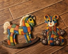 VTG Patchwork Foam Craft Nursery Rocking Horse Teddy Bear Wall Hanging MCM 70's
