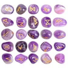 Amethyst Rune Stones Set - 25 Gemstones with Elder Futhark Alphabet Engraved for