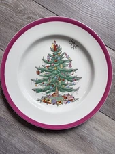 Rare Spode Christmas Tree Dinner Plate Magenta Red Rim Excellent VTG Condition