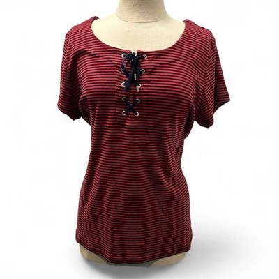 Chaps Brand Navy And Red Striped Nautical Women s Tee With Lace Front Size XL