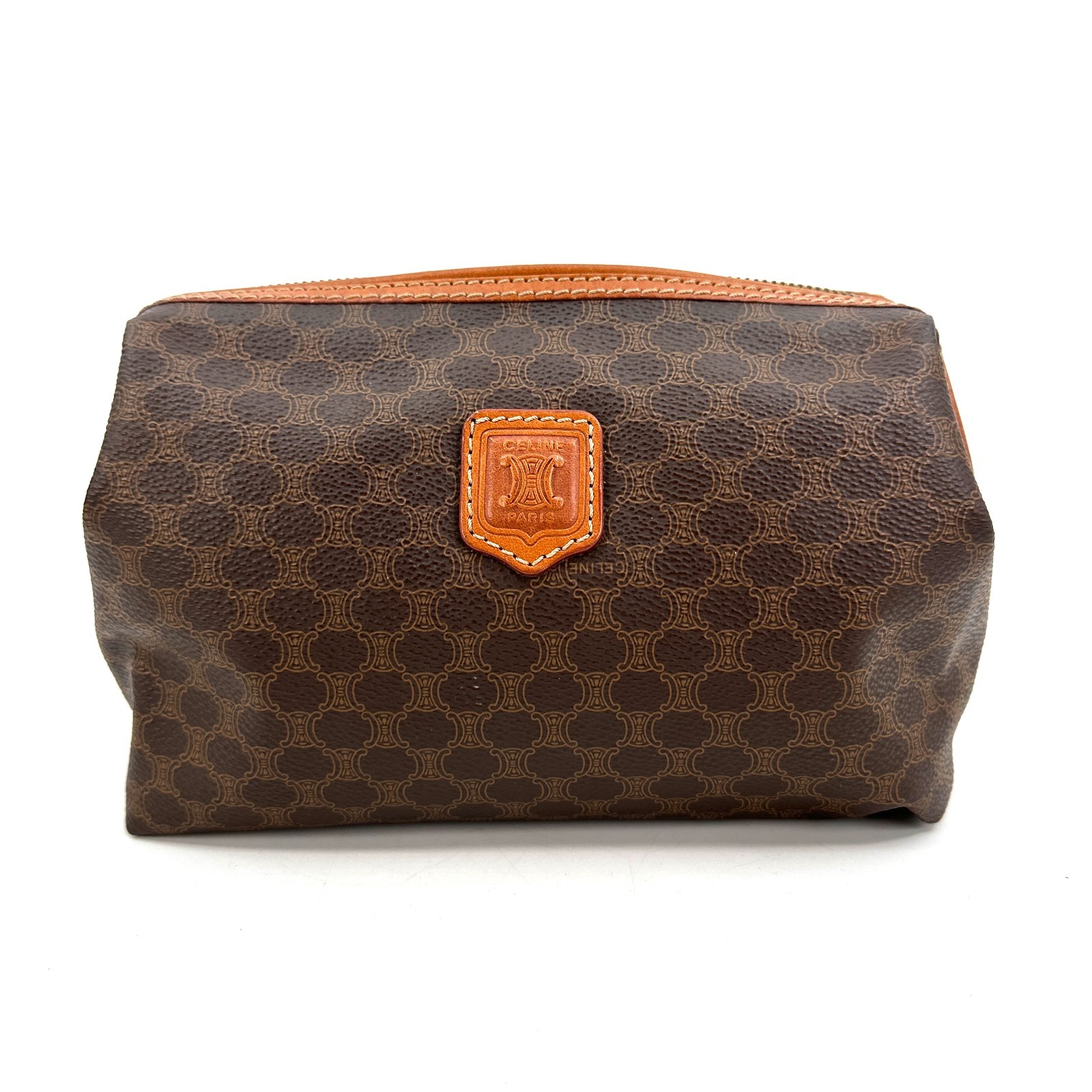 CELINE Macadam PVC Leather Brown Cosmetic Pouch Authentic Makeup Bag