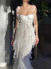 White Mermaid Prom Dresses Sleeveless 3D Appliques Party Cocktail Night Gowns