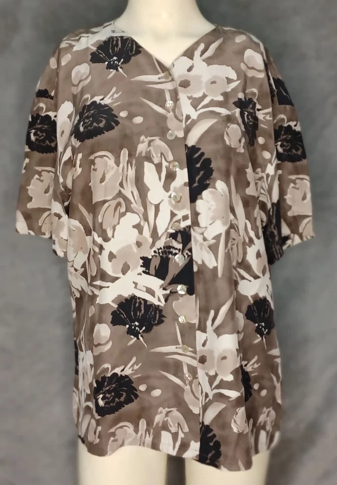 Vintage 100% Silk Blouse Womens Real Abloney Buttons Flora Sz 12 Dana Buchman - Image 2 of 4