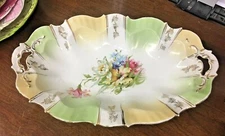 Vintage 12-1/2" Oval Hand Painted Handled Bowl Multi-Colored Flowers Unmarked