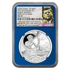 2017 Solomons Islands Kennedy  .999 Fine SILVER DOLLAR NGC MS70 FDOI Blue Label
