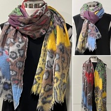 Fine Wool Black  Colourful Animal Print Scarf/Wrap, Fringes 67cm x 190cm