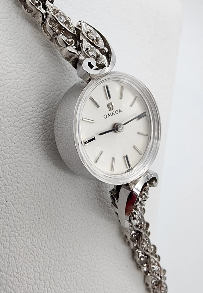 Muñeca OMEGA de oro blanco 14k .585 diamante Art Deco de 0,2 quilates funcionando talla 6,5" Au 23206 Foto 4 de 4