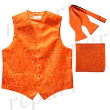 New Men orange paisley Tuxedo vest Waistcoat self tie bow tie hankie set party