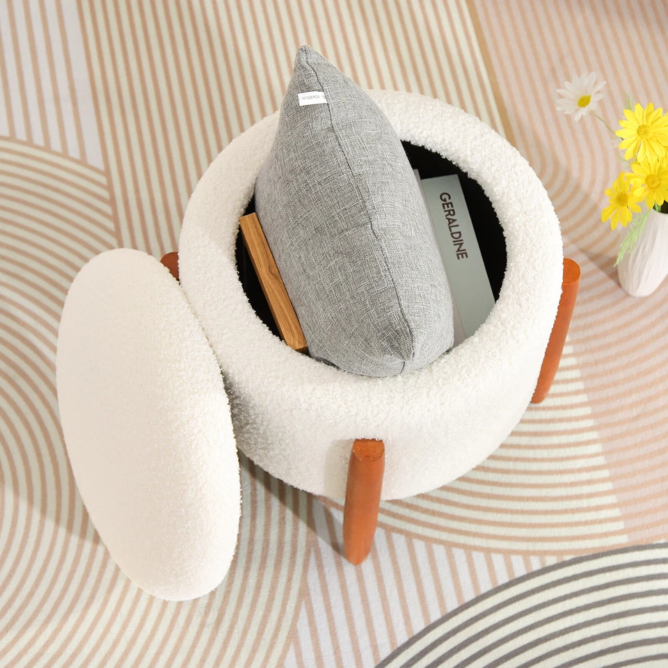 Teddy Velvet Round Storage Ottoman White Foot Rest Round Footstool For Bedroom - Image 2 of 4