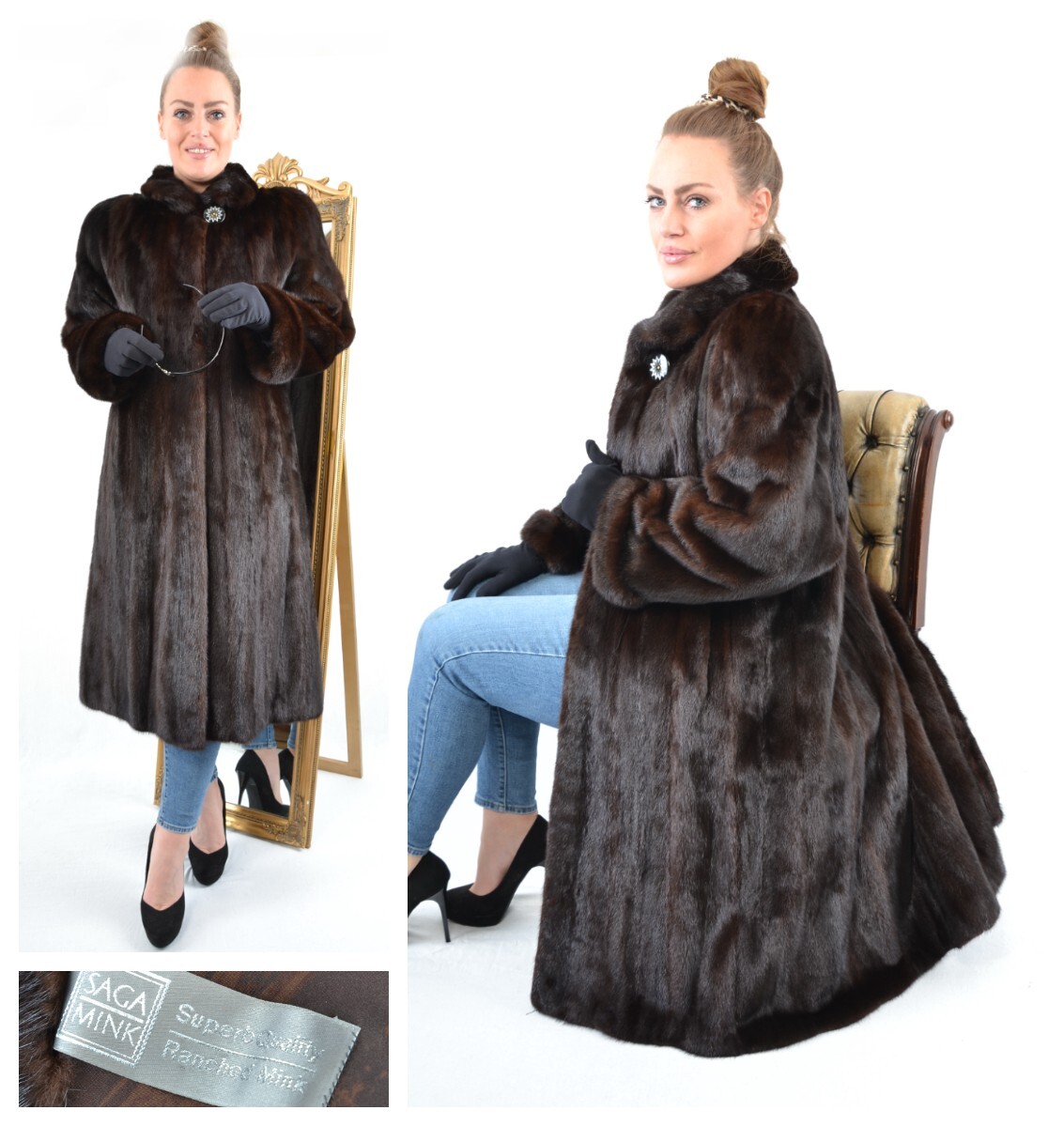 US4702 REAL SAGA MINK FUR COAT FEMALE RANCH MINK JACKET SIZE L