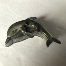 Vtg Torino Pewter 2" Dolphin Brooch Earring trinket set EUC