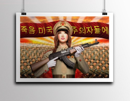 North KOREA Anti-American Propaganda Poster Print Girl With AKM 18x24" #NK016 - 第 1/2 張圖片
