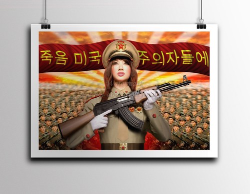 North KOREA Propaganda Poster Print Girl Holding AKM KALSHNIKOV 18x24" @SALE@ - 第 1/2 張圖片