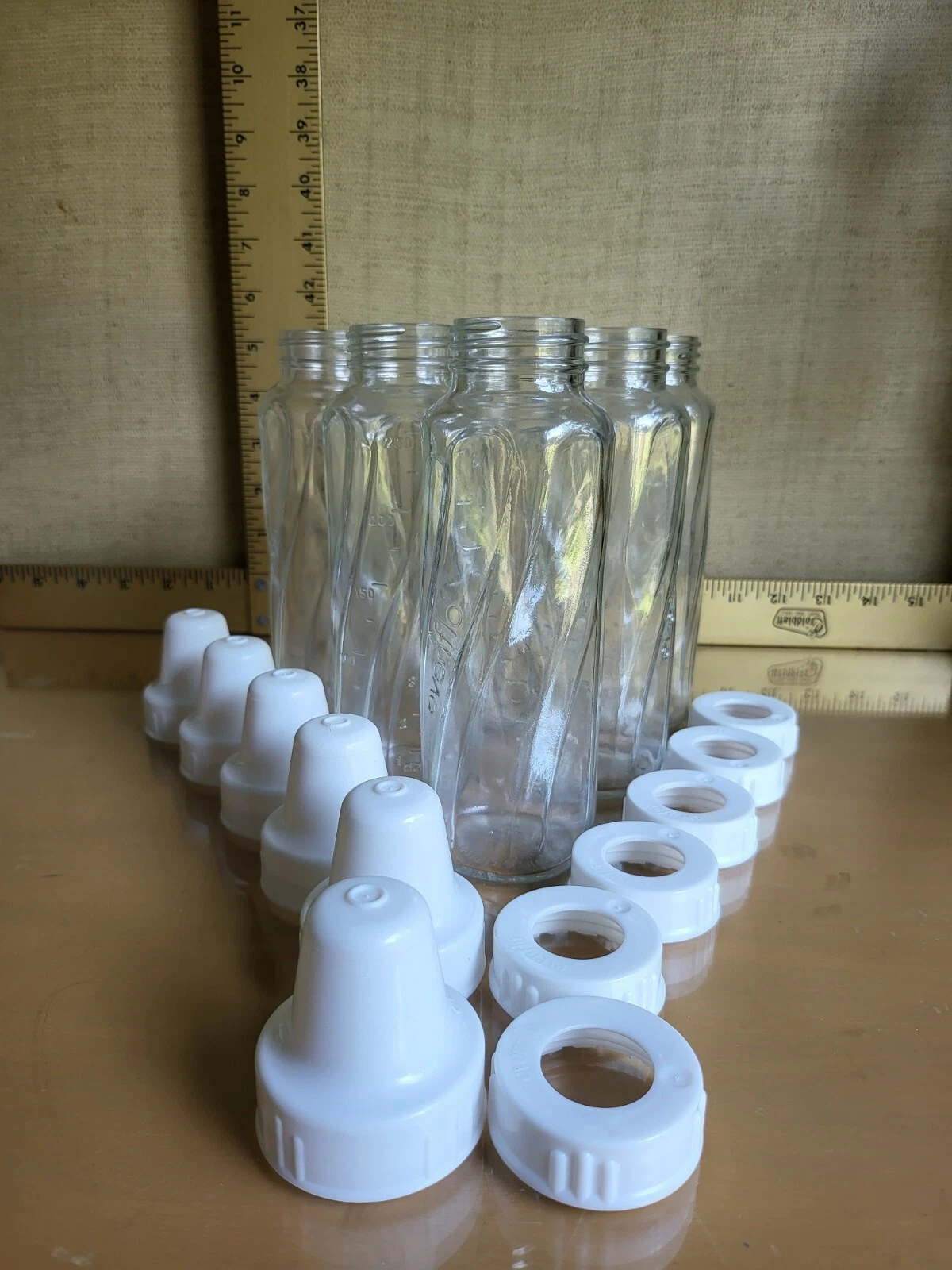 Evenflo 8 oz Glass Twist Style Baby Bottles Lot of 6 With Rings and Caps Clean