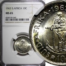 South Africa Silver 1963 10 Cents Jan van Riebeeck NGC MS65 GEM BU KM# 60 (040)