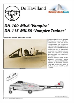 MATTERHORN CIRCLE 72021 VAMPIRE MK.6 MK.55 TRAINER DECALS MC72021 Transfers