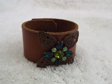 Green Rhinestone Brown Leather Bracelet