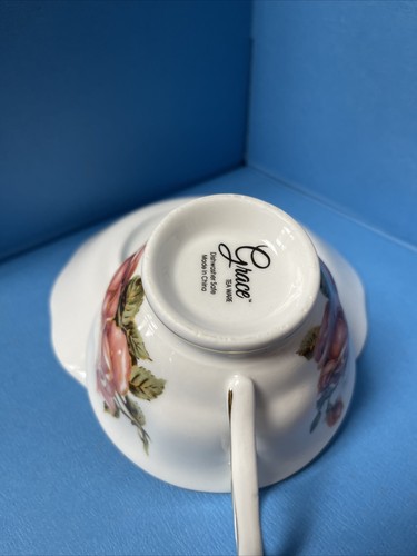 Grace Teaware Pink Roses On White Tea Cup and Scalloped Saucer Gold Accent - Picture 8 of 8
