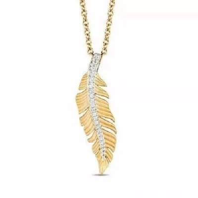 2.50 Ct Round 14K Yellow Gold Plated Pocahontas Real Moissanite Feather Pendant