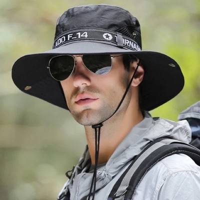 Windproof Men Outdoor Hat Wide Brim Flat Top Men Camping Hat Letter Print Anti-U