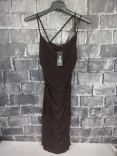 boohoo Brown Cowl Neck Midi Slip Dress US Size 8 Sleeveless Strappy Rauched NWT!