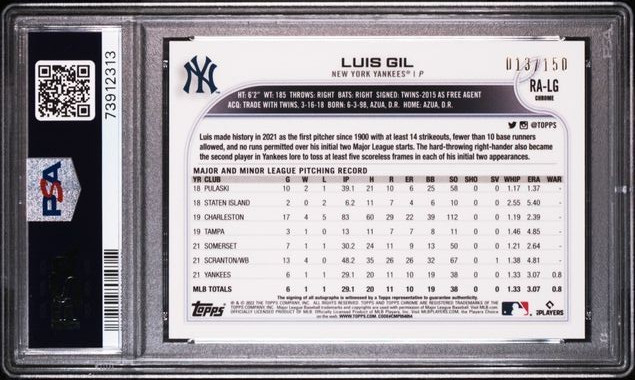 2022 Topps Chrome LUIS GIL Blue Raywave Refractor Auto RC /150 - PSA 10 GEM MT view 2