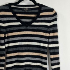 Alex Marie Cashmere Striped V Neck Sweater Womens Size S Black Beige Gray White
