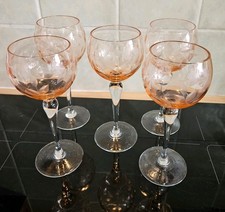 Vintage Coloured Glass Wine Glasses 5 Peach Etched Leaf / Bubble Design 19cms H