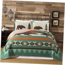 Rustic Cabin Bear Quilt Set - Size with 2 Shams, Wilderness Queen Bear Country