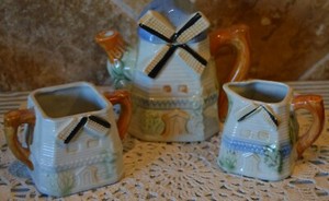 POORLY REPAIRED TEA POT WITH LID~CREAMER BASE~SUGAR BASE~WINDMILL DESIGN~JAPAN