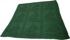 Vintage Hand Crocheted Baby Blanket Afghan 32 x32 Emerald Green W/Sailboat Patt