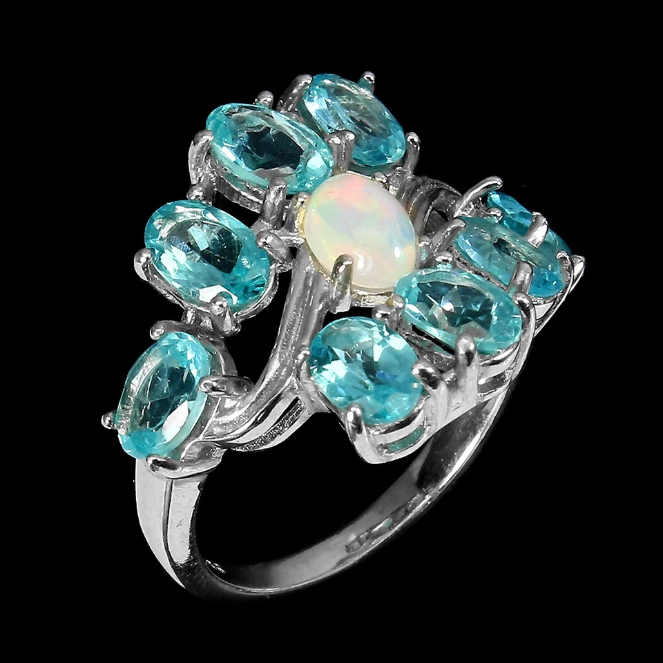 925 Anello Argento Sterling Ovale Apatite Opale di Fuoco Gemma Gioielli - Immagine 2 di 4