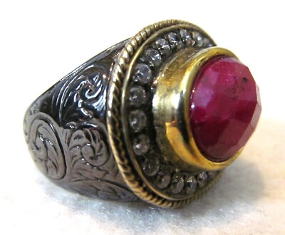 NF 925 Bold Oval Ruby Corundum with Gold Accent & Crystals Halo Ring sz 9 Unisex