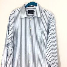 Nautica Sport Dress Shirt 16.5-34 Mens L Blue Striped 100 Cotton Soft