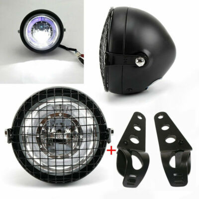 Retro Motorrad 6.5'' LED Scheinwerfer + Grill Side Mount+Halterung für Cafe Racer